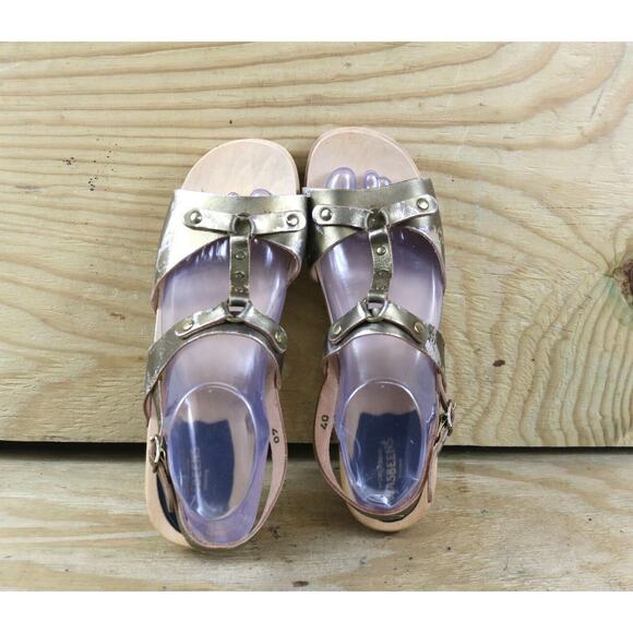 New Swedish Hasbeens Clogs 9.5 Metallic Gold 40 Rivet Wooden Platform Sandals - Picture 4 of 11